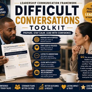 May include: A digital leadership communication framework titled Difficult Conversations Toolkit. It features a prep sheet, five steps for managing conflict, and a quote about leadership, all presented with navy blue and gold text on a white background.