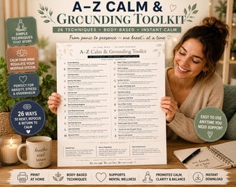 A–Z Calm and Grounding Toolkit Printable | 26 Anxiety Relief and Nervous System Regulation Techniques | Mental Health Coping Skills PDF