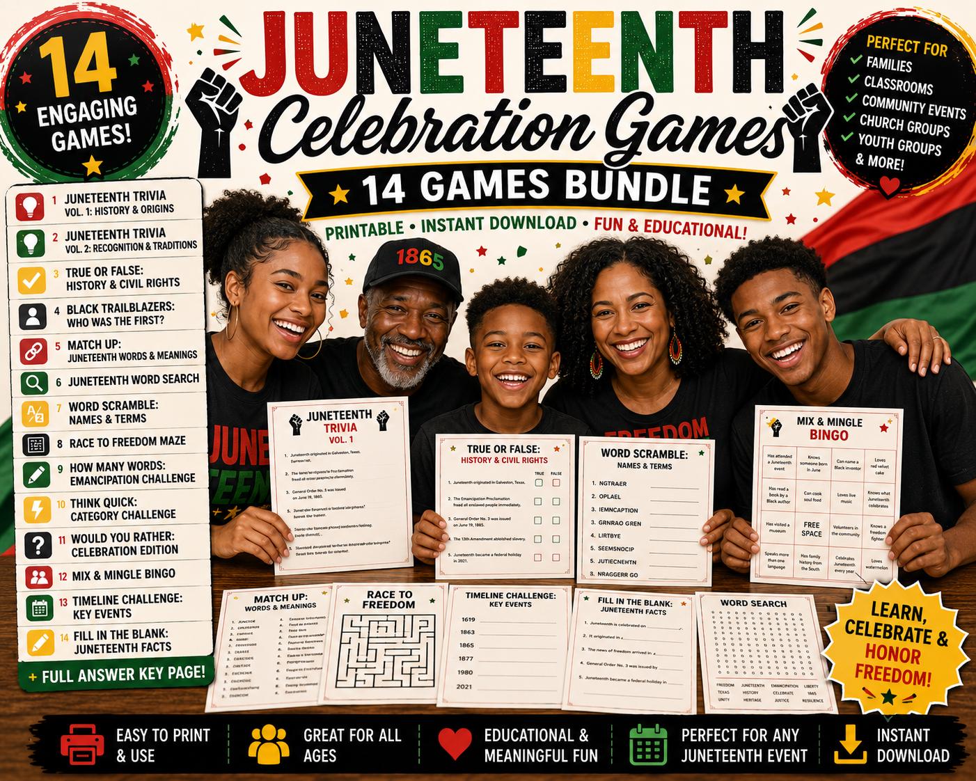 Juneteenth Celebration Games Bundle Printable PDF | Juneteenth Trivia ...