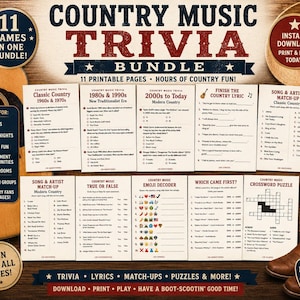 K&ouml;nnte beinhalten: Ein Country-Musik-Quiz-Paket mit 11 druckbaren Spielseiten mit Titeln wie Classic Country, Song & Artist Match-Up und Emoji Decoder. Das Layout enth&auml;lt Text, Multiple-Choice-Fragen und R&auml;tsel auf einem hellen Hintergrund.