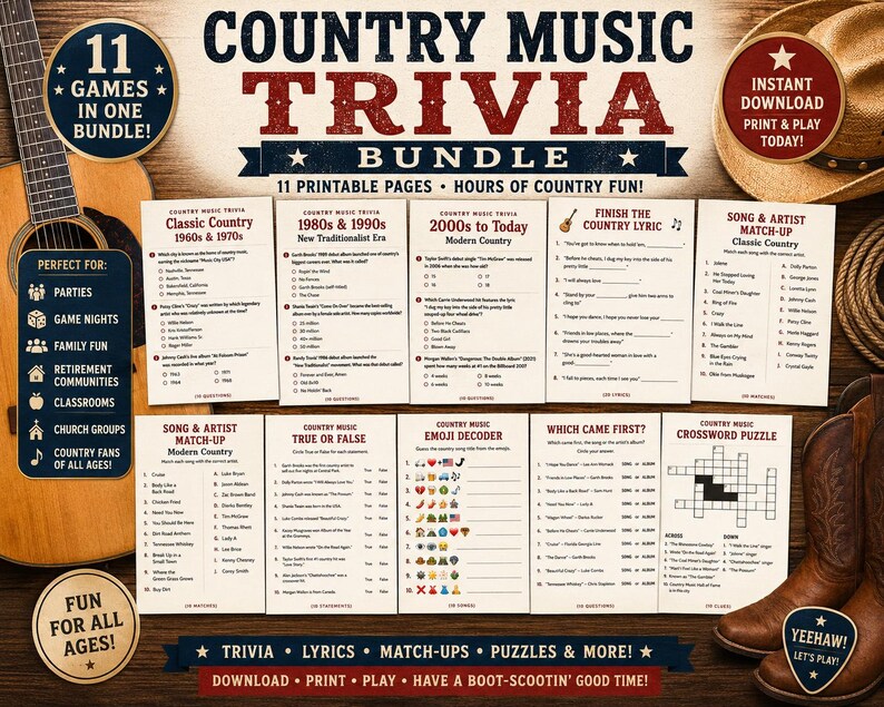 K&ouml;nnte beinhalten: Ein Country-Musik-Quiz-Paket mit 11 druckbaren Spielseiten mit Titeln wie Classic Country, Song & Artist Match-Up und Emoji Decoder. Das Layout enth&auml;lt Text, Multiple-Choice-Fragen und R&auml;tsel auf einem hellen Hintergrund.