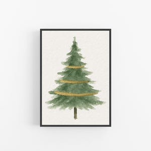 Könnte beinhalten: Aquarellmalerei eines grünen Weihnachtsbaums mit goldener Girlande, in einem schwarzen Rahmen. Der Baum hat ein schlichtes Design, ideal für die Weihnachtsdekoration. Das Kunstwerk befindet sich auf einem strukturierten, cremefarbenen Hintergrund.