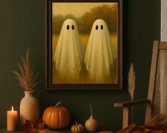 Vintage Ghost Couple Print: Cozy Halloween, Neutral Fall Decor (Digital Download)