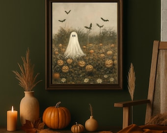 Vintage Halloween Ghost Print: Spooky Pumpkin Field, Autumn Wall Art (Digital Download
