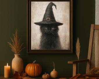 Witch Cat Halloween Print: Vintage Gothic Black Cat Art (Digital Download)