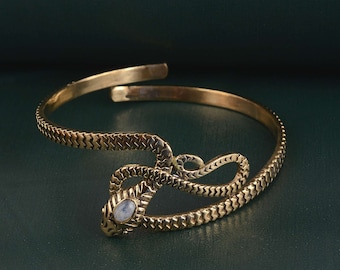 Bracciale serpente dorato con pietra di luna - Gioielli serpente in ottone