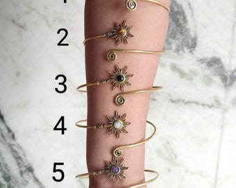 Gold Sun Gemstone Upper Arm Cuff: Tribal Brass Bracelet