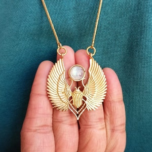 Moonstone Scrabe Pendant / Golden Scarab Necklace / Scarab Pendent / Talisman jewelry / Third Eye / Boho / Inca / Ethnic / Illuminati