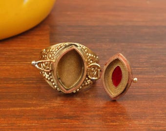 Garnet Poison Ring - Brass Locket Ring - Handmade Secret Compartment Jewelry
