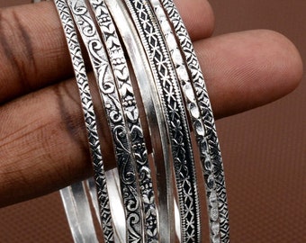 Silver Plated Bangle Bracelet Set: Handmade Boho Stacking Bangles