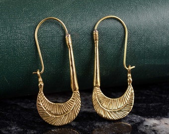 Brass Leaf Hoop Earrings: Hammered Gold, Tropical Nature Jewelry