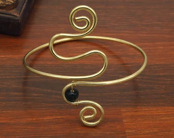 Minimalist Adjustable Obsidian Arm Cuff Bracelet, Spiral Arm Cuff Bracelet, Gift for Her