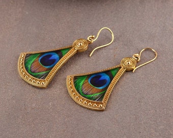 Peacock Feather Gold Earrings: Handmade Brass Statement Jewelry