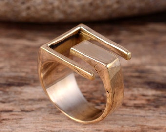 Antique Gold GEOMETRIC Ring, Big Statement Abstract Modern Ring Boho jewelry - Gift for her, Unisex Strudy Large Square Wide band ring