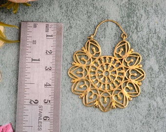 Brass Mandala Hoop Earrings: Tribal Boho Style
