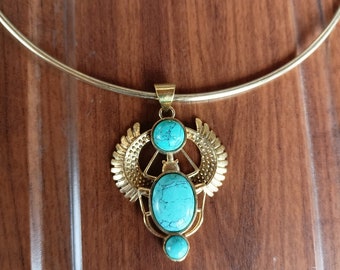 ターコイズスカラベネックレス：14Kゴールドヴェルメイユスターリング