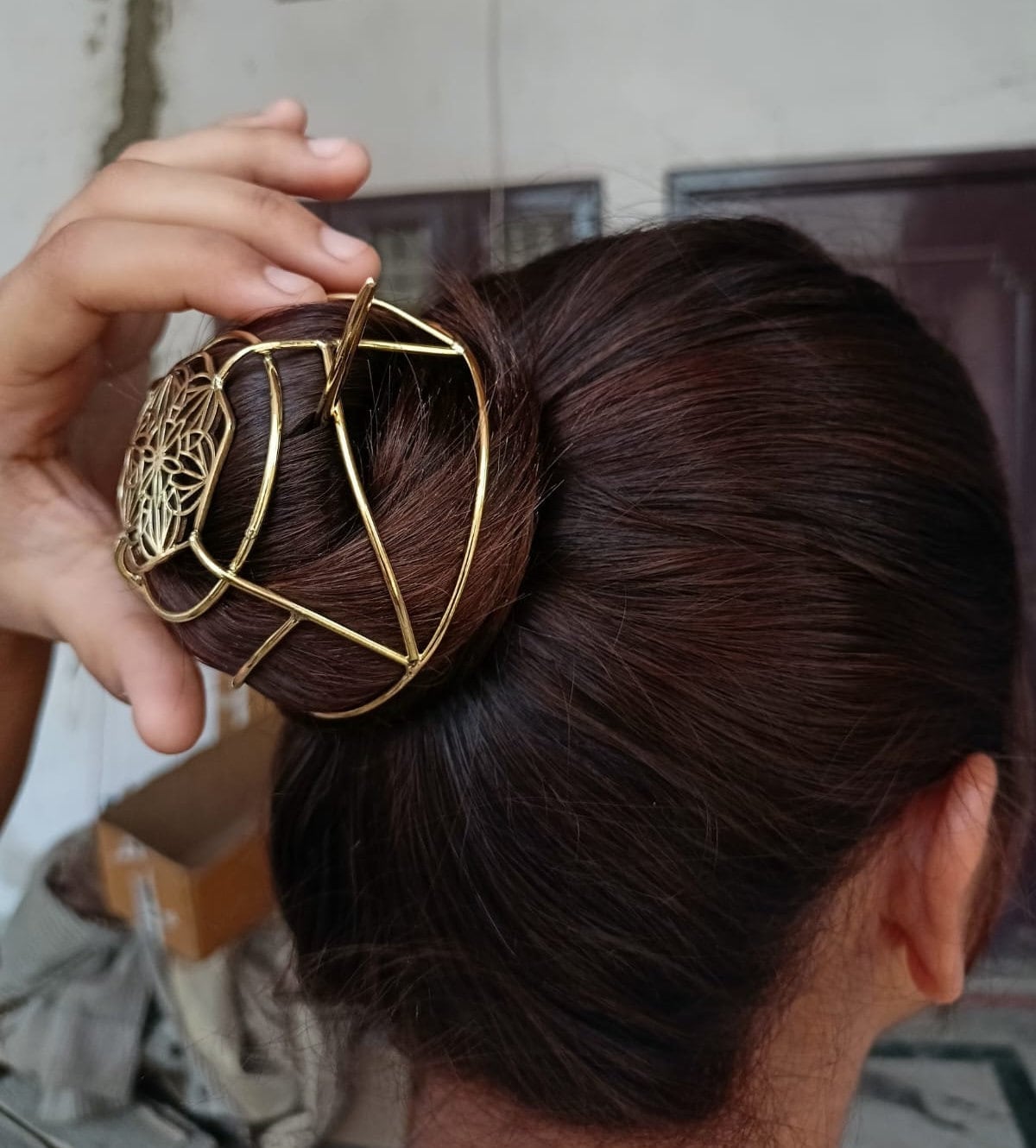 Antique ? Blue Half Dome Pearly Brass Expandable Chignon Hair Bun Holder Cage Amazon.com: Brass Hair Bun Cage with Hair Fork, Gold Hair  main image 2