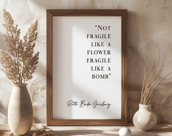 Ruth Bader Ginsburg Quote Print Not Fragile Like A Flower Fragile Like A Bomb RBG Bomb Quote Minimalist Wall Decor Feminist Posers Unframed
