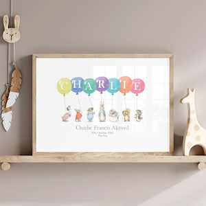 Impresión personalizada de Peter Rabbit, regalo personalizado para baby shower, arte de pared para guardería, decoración de dormitorio para niños, póster personalizado de bautizo y bautismo sin marco