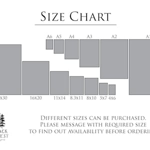 Pu&ograve; includere: Tabella delle dimensioni per le stampe, che mostra diverse dimensioni da 4x6 pollici a 24x30 pollici. La tabella include i formati di carta standard A6, A5, A4, A3, A2 e A1. Il testo recita "&Egrave; possibile acquistare diverse dimensioni. Si prega di inviare un messaggio con la dimensione richiesta per conoscere la disponibilit&agrave; prima di ordinare."