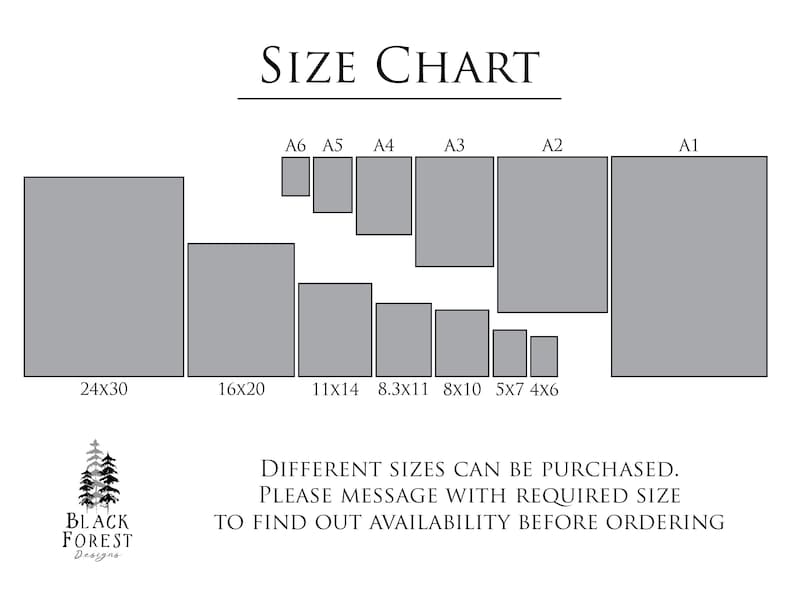 Pu&ograve; includere: Tabella delle dimensioni per le stampe, che mostra diverse dimensioni da 4x6 pollici a 24x30 pollici. La tabella include i formati di carta standard A6, A5, A4, A3, A2 e A1. Il testo recita "&Egrave; possibile acquistare diverse dimensioni. Si prega di inviare un messaggio con la dimensione richiesta per conoscere la disponibilit&agrave; prima di ordinare."