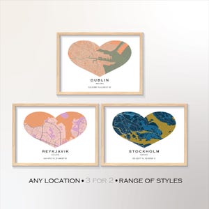 Impression personnalisée de carte de la ville en forme de coeur, art mural personnalisé n'importe où, coeur de la ville, affiche 3 pour 2 de la ville natale, lieu préféré, cartes horizontales