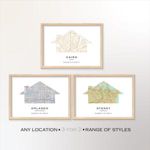 Stampa mappa della città a forma di casa personalizzata, arte murale personalizzata per la nuova casa, offerta 3x2, poster della prima casa, regalo di inaugurazione della casa, mappe orizzontali