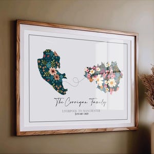 Bloemen aangepaste kaart print 2-4 locaties gepersonaliseerde reizen muur kunst huwelijkscadeau emigratie cadeau idee verhuizen poster familie vakantie kunst