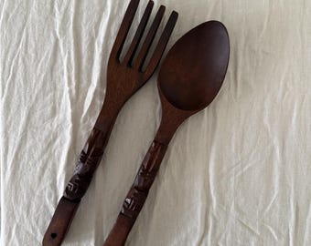 The Kona Serving Set | Vintage 1970s Mid-Century Carved Wood Tiki Fork and Spoon