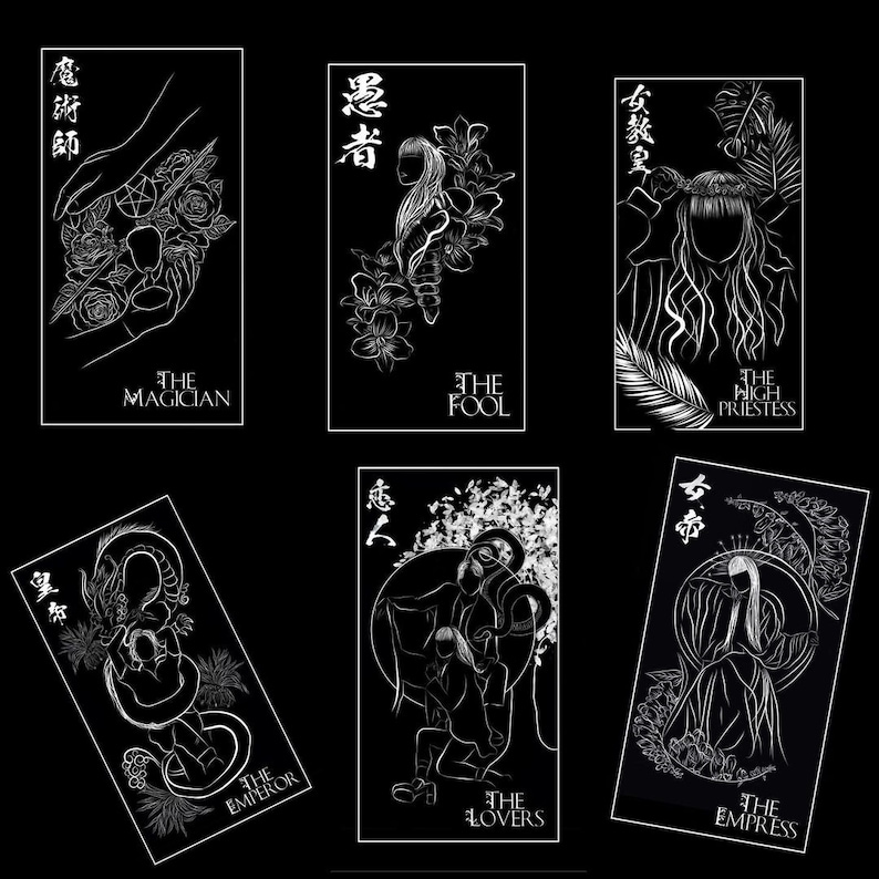 Puede incluir: Seis cartas de tarot con fondos negros e ilustraciones blancas. Las cartas son El Mago, El Loco, La Sacerdotisa, El Emperador, Los Enamorados y La Emperatriz. Cada carta presenta una ilustraci&oacute;n &uacute;nica y el nombre de la carta en ingl&eacute;s.