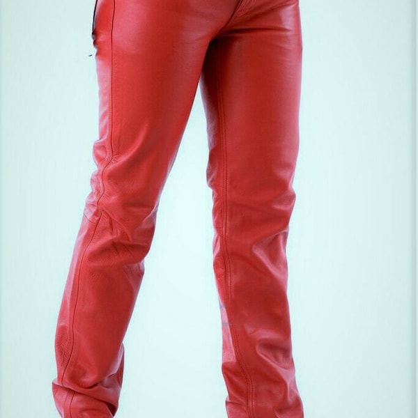 Men's Hand Made Genuine Sheep Skin Leather pants Real Leather Skin Fit Pants Leather Jeans Style Red Gift for Men-Handmade Excellent Quality