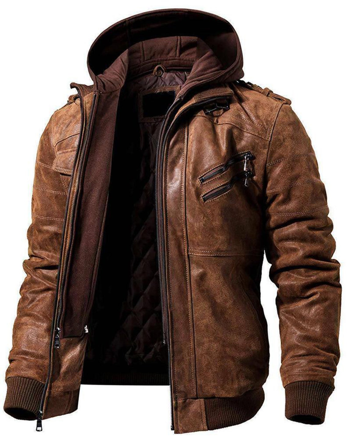 Men's Genuine Sheep Leather Brown Bomber Winter Hoodie Jacket Coat ...