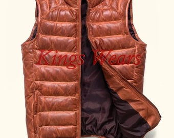 Mens leather goose down vest deals