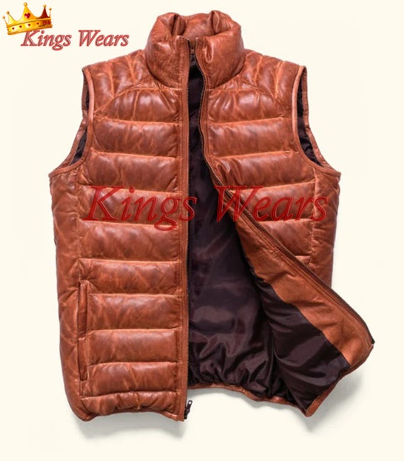 Men s Leather Down Vest Tailored to Your Size Tan Brown Leather
