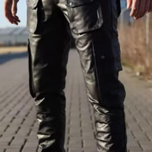 Men&#39;s Cowhide Leather Cargo Pants - Handmade Biker Trousers