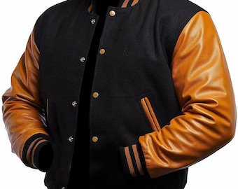 Varsity Jacke Handgemachte Letterman Baseball Vintage Bomber Schwarze Wolle Echtes Braunes Leder Ärmeljacke XS ~ 5XL Collegejacken