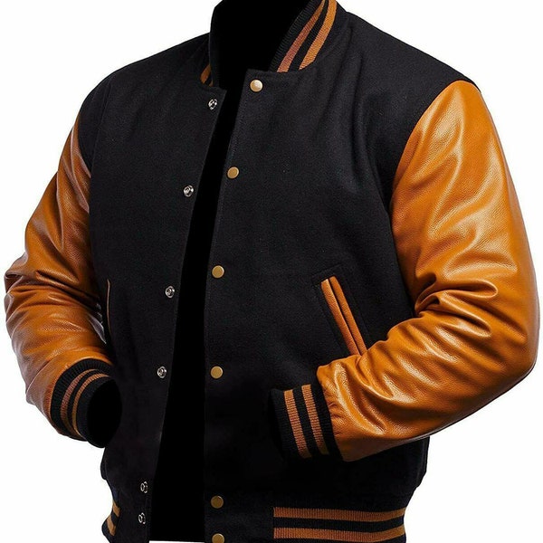 Varsity Jacke Handgemachte Letterman Baseball Vintage Bomber Schwarze Wolle Echtes Braunes Leder Ärmeljacke XS ~ 5XL Collegejacken