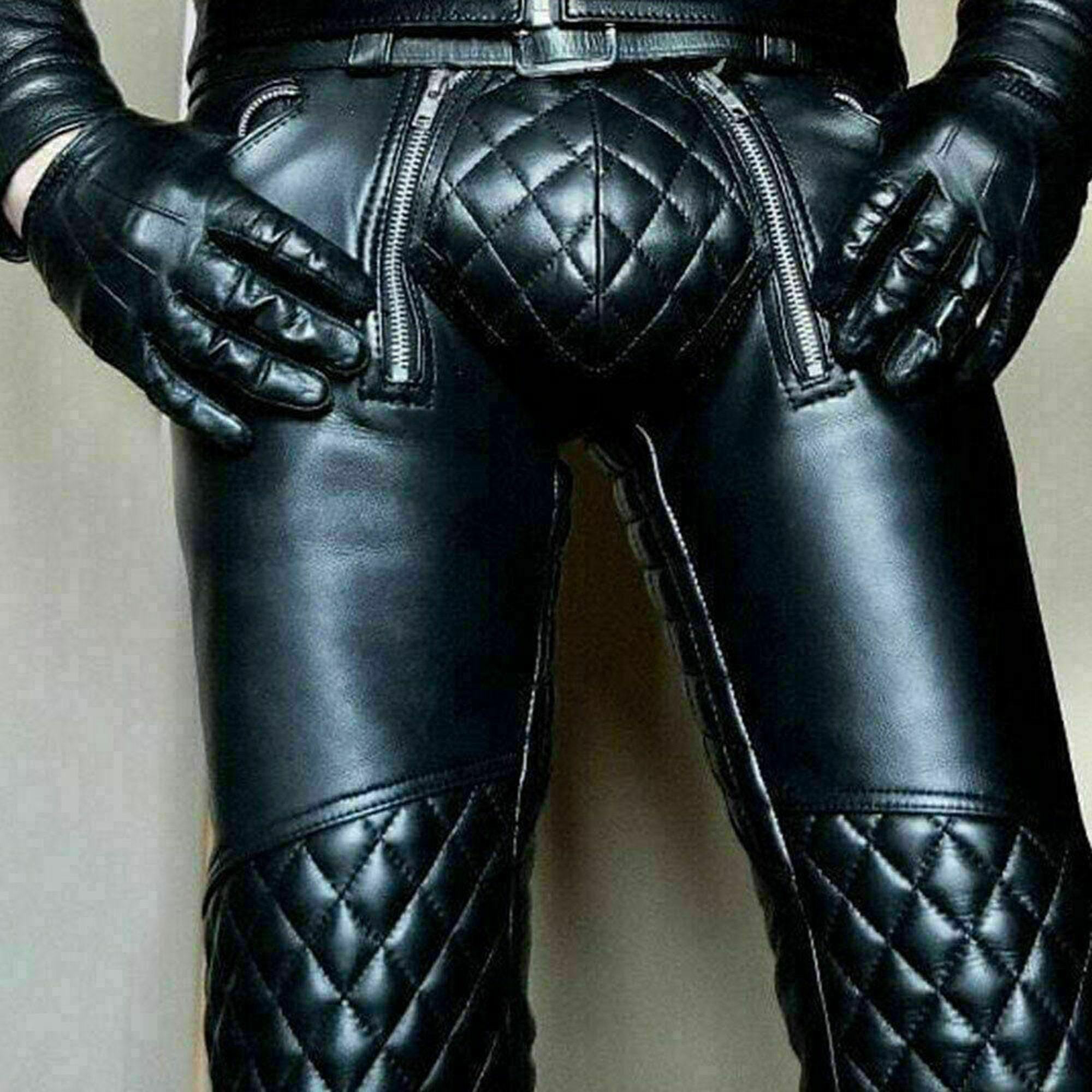 Mens Quilted Fashion Real Black Leather Bikers Pants Jeans