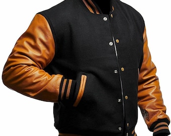 Varsity Letterman Baseball Bomber Jacket Black Wool Genuine tan Brown Leather Sleeves College jacket