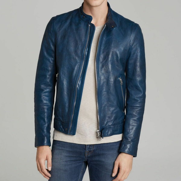 Blouson en cuir fait main pour homme, peau d'agneau, qualité supérieure, veste moto café racer, fermeture éclair courte, coupe ajustée, excellente qualité