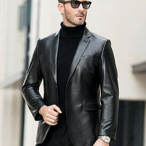 Genuine Lambskin Leather Hand Made Blazer Jacket Real leather Coat Black Slim fit Coat Excellent Quality