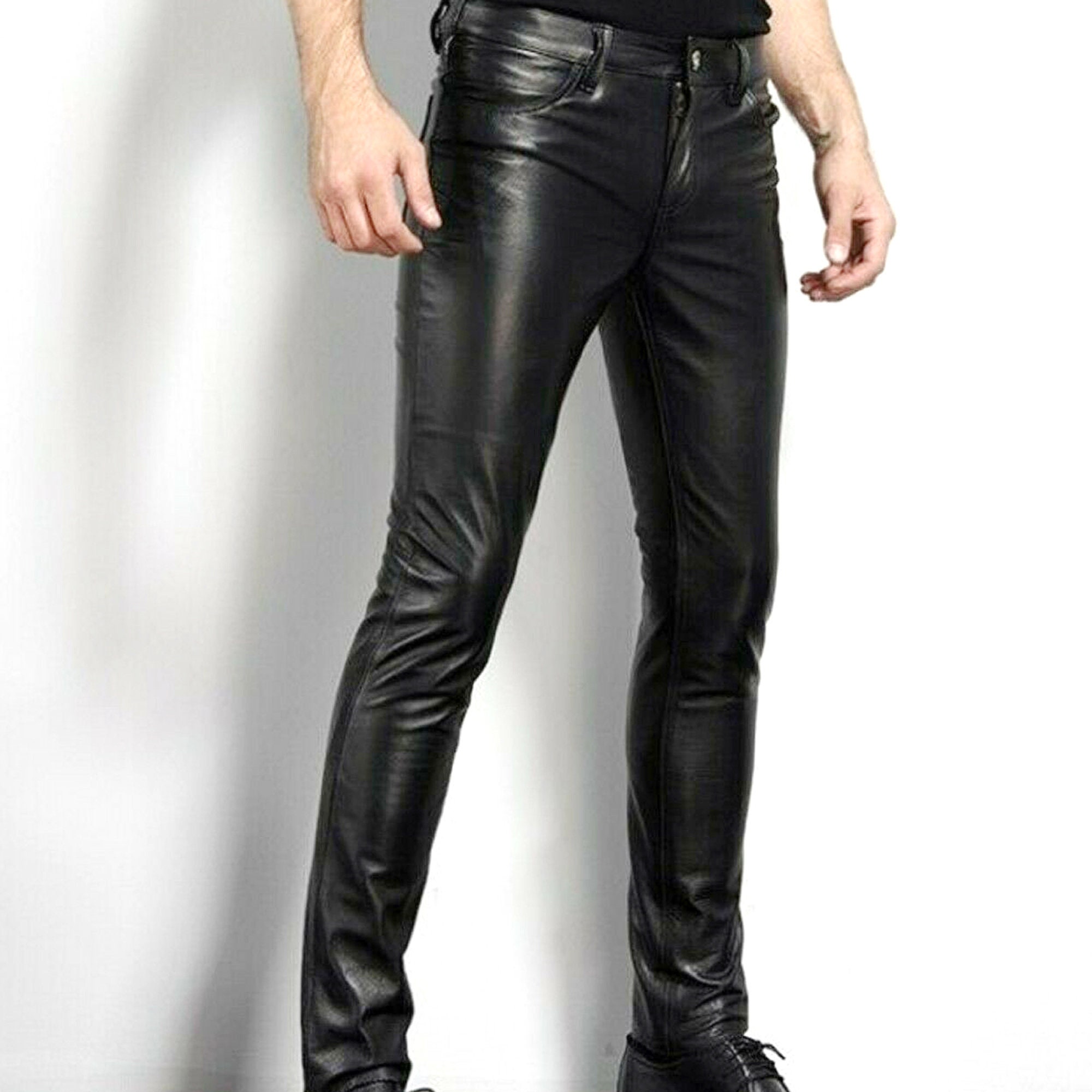 Mens faux leather jeans best sale