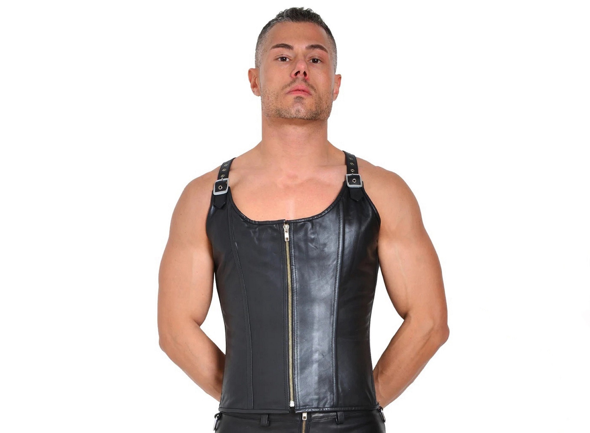 Men's Leather Sale CUTAWAY Bar Vest Front Double Zipper Closer Gay BIKER  Vest