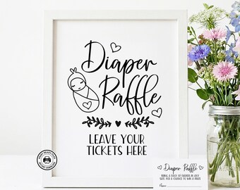 Zestaw do losowania pieluszek, tabliczka + los na loterię, styl Doodle, dekoracja na baby shower do druku, nie wymaga edycji