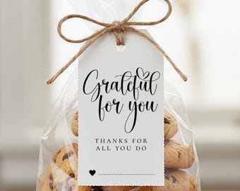 May include: A clear cellophane bag tied with twine, containing chocolate chip cookies. A white tag with the words "Grateful for you" and "Thanks for all you do" is attached to the bag.