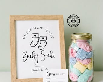 Gra w zgadywanie skarpetek dla niemowląt, karty do zgadywania i pisania 8x10, do druku, aktywność na baby shower, plik PDF nieedytowalny