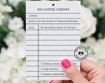 Tarjeta imprimible de la biblioteca de malos consejos, actividad divertida y literaria para despedida de soltera, descarga sin necesidad de editar.
