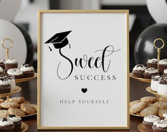 Sweet Succes Graduate-bord | Bedankbordje dessertreep of snoep | Afdrukbaar afstudeerfeestdecor | Niet-bewerkbare download | 5 x 7 en 8 x 10 inch