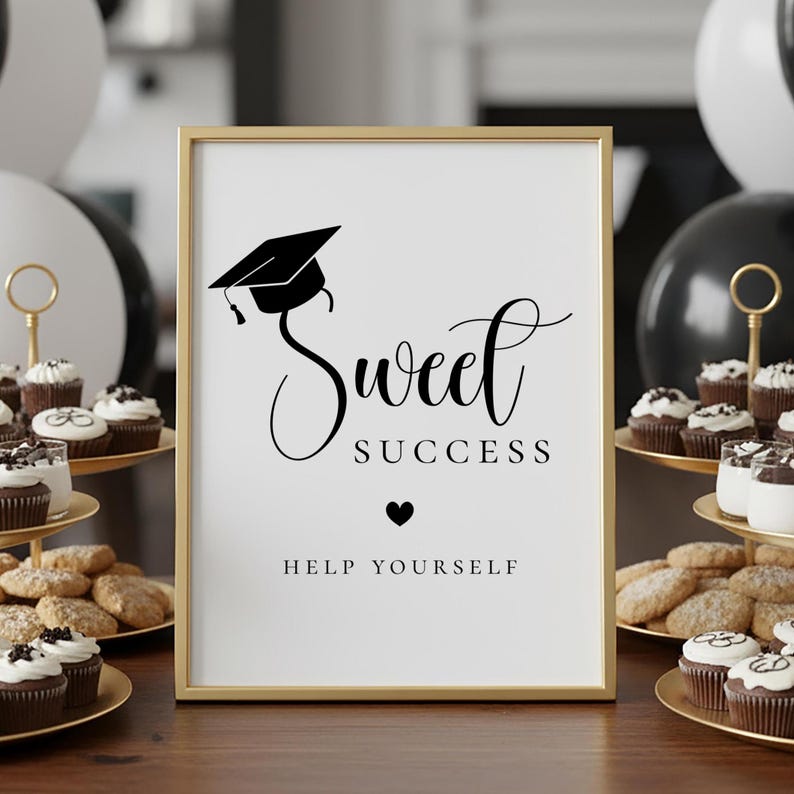 Op de afbeelding: Een ingelijst bord met gouden rand toont de woorden "Sweet Success" in elegant schrift, een afstudeerhoed en een hartsymbool. De zin "Help Yourself" staat eronder gedrukt. Cupcakes en koekjes omringen het bord, geschikt voor een afstudeerfeest.