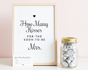 How Many Kisses Guessing Game, Sign + Guess Cards, Printable Bridal Shower Activity, No Editing Required